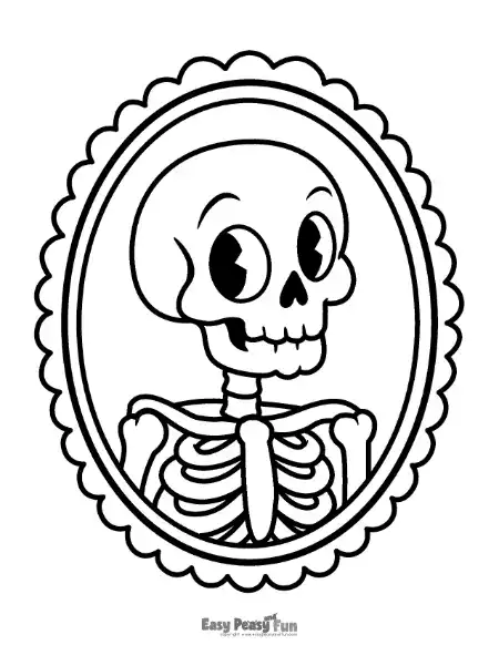 Outline coloring page showing a friendly vintage cartoon skeleton in a decorative scalloped oval frame.