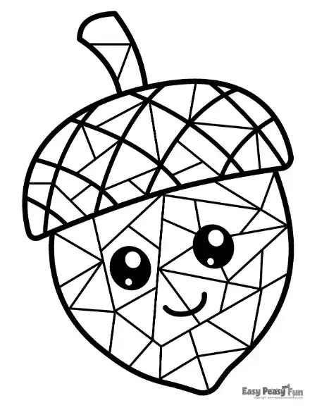 A mosaic-style coloring page of a happy, smiling acorn with big eyes and a stem.