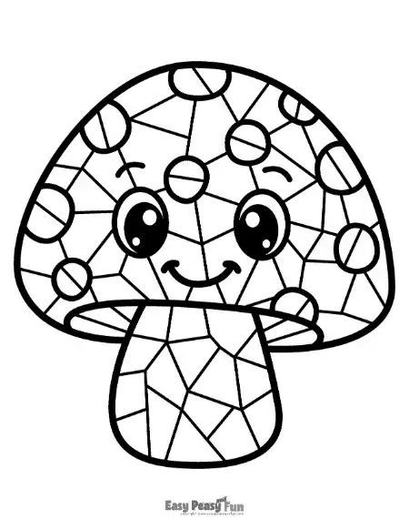 A geometric mosaic toadstool mushroom featuring dotted patterns and a friendly smiling face.