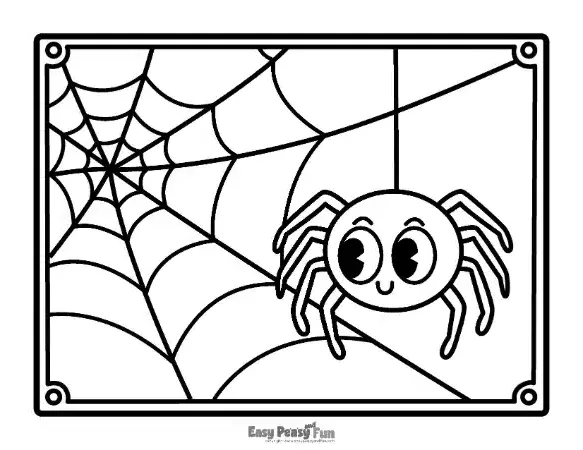 Outline coloring page showcasing a large, detailed spider web in the corner with a cute cartoon spider hanging near the top.