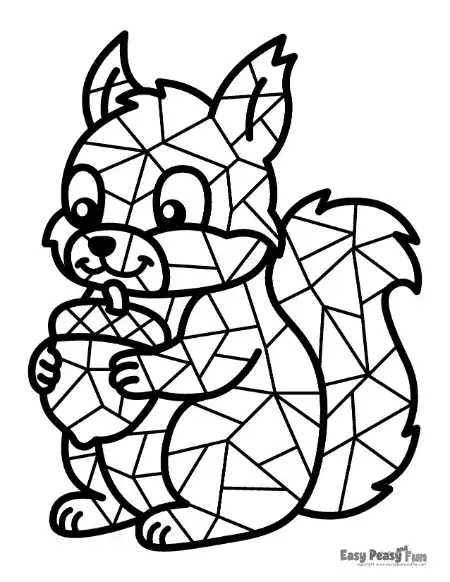 A geometric line art drawing of a cheerful squirrel holding an acorn.