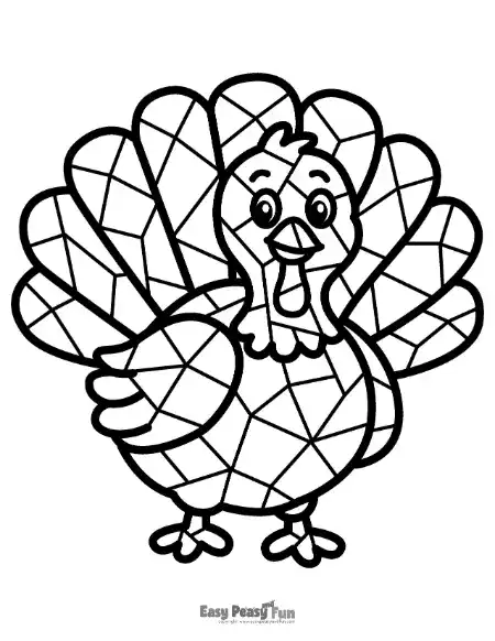 A geometric mosaic turkey displaying a large, patterned fan of tail feathers.