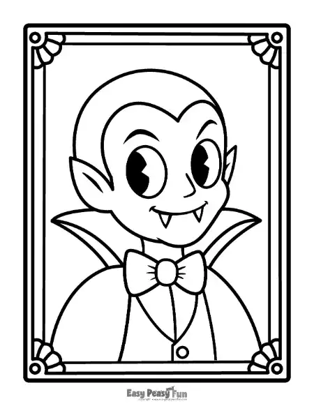 Outline coloring page featuring a retro-style cartoon vampire with pointed ears, a bow tie, and a cape inside a decorative framed portrait.