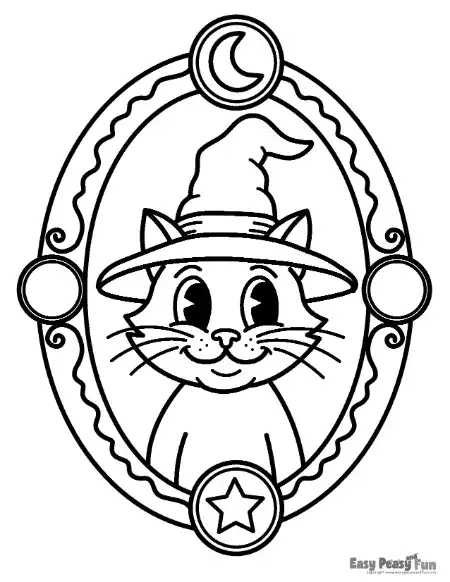 Outline coloring page of a cute cat wearing a witch's hat, surrounded by whiskers and centered in a decorative oval frame with celestial accents.