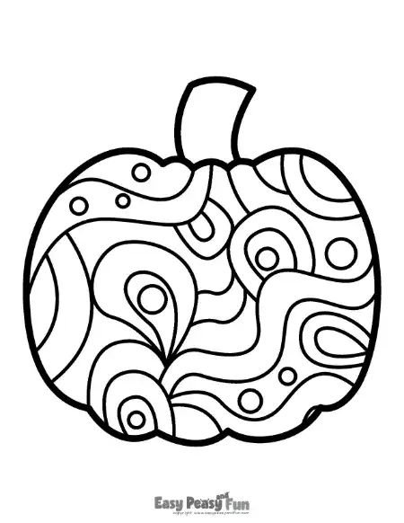 A black and white pumpkin outline decorated with flowing, wavy lines and small circular dots.