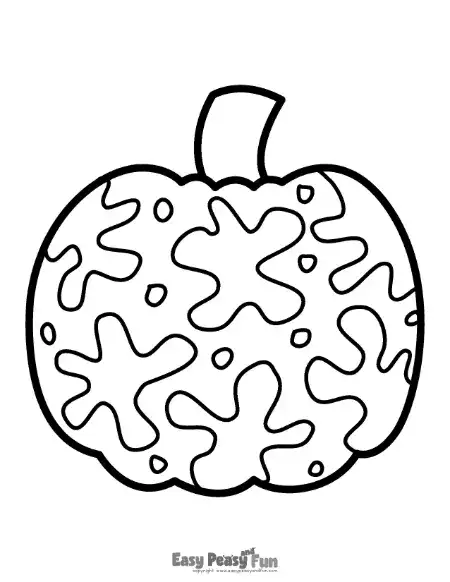 A black and white line art of a pumpkin featuring organic blob shapes and scattered polka dots.