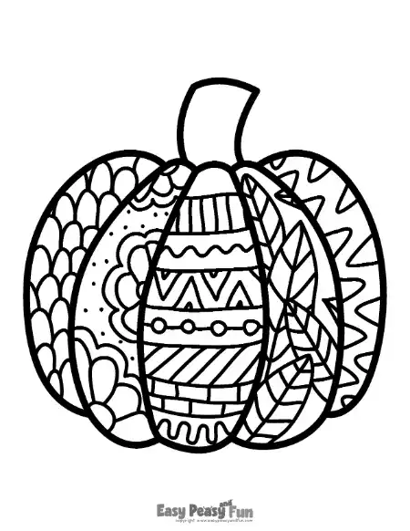 A black and white pumpkin coloring page with intricate sections filled with flower petals, scales, stripes, and leaf patterns.