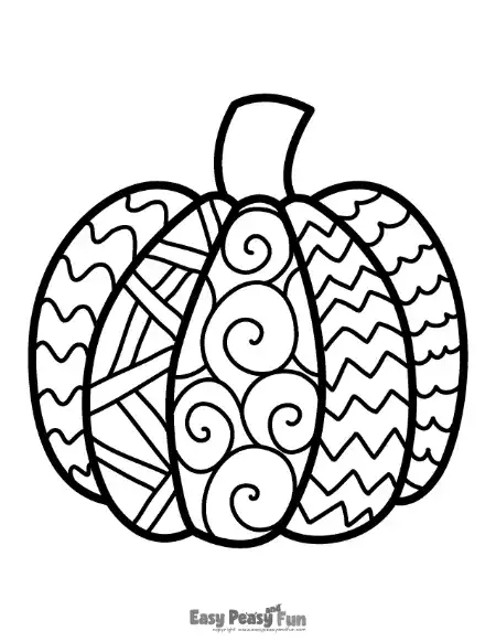 A black and white pumpkin outline featuring sections decorated with spiral swirls, diagonal stripes, and zigzag lines.