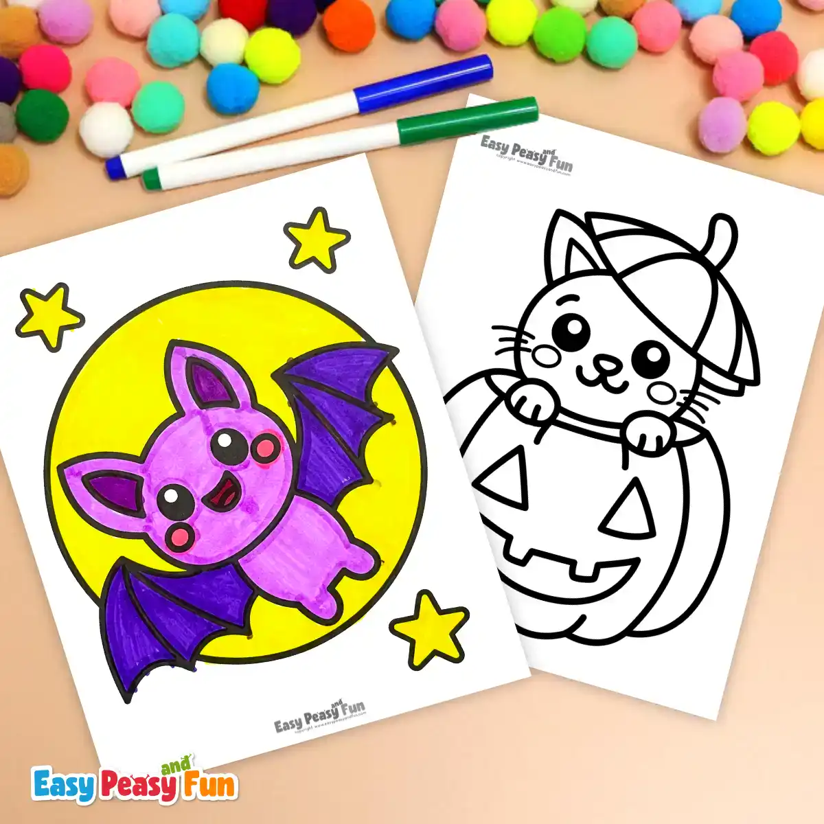 Two bold and easy Halloween coloring pages showing a purple bat and a cat peeking out of a pumpkin.