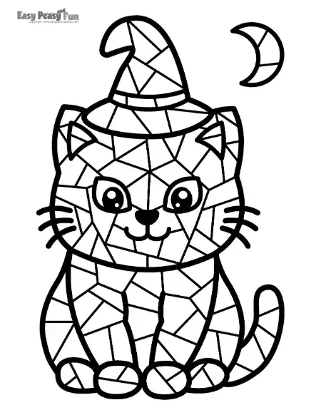 A sweet sitting cat wearing a witch's hat, designed in a geometric mosaic style with a crescent moon in the background.