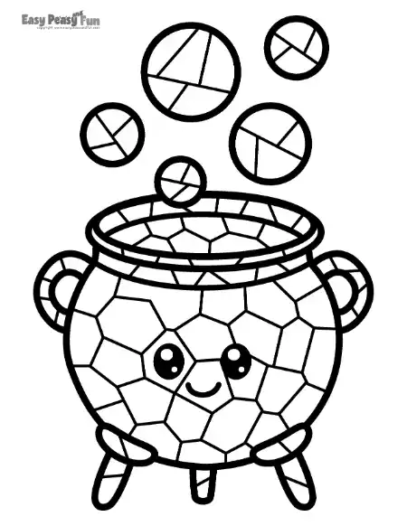 A bubbly witch's cauldron with cute eyes and floating magic bubbles, styled as a geometric mosaic coloring page.