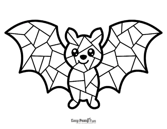 A flying cartoon bat with big cute eyes, filled with geometric mosaic segments ready for coloring.