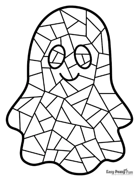 An adorable ghost styled with geometric mosaic shapes and big eyes, perfect for a children's Halloween activity.