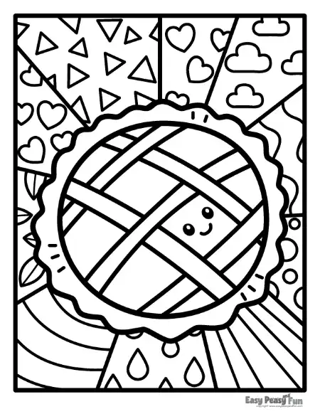 A smiling baked pie with a lattice crust on a sectioned patterned panel.