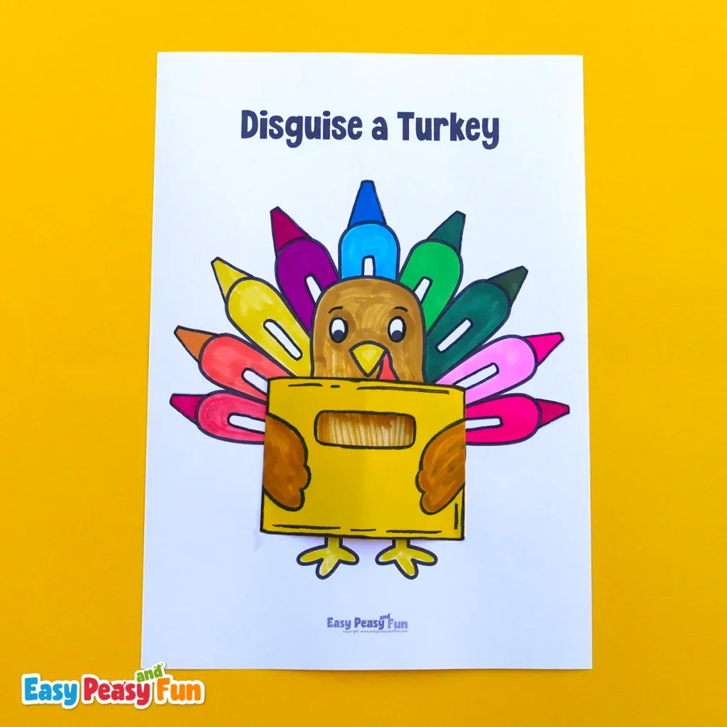 Printable coloring page of a brown turkey holding a yellow crayon box with colorful crayons forming its tail feathers.