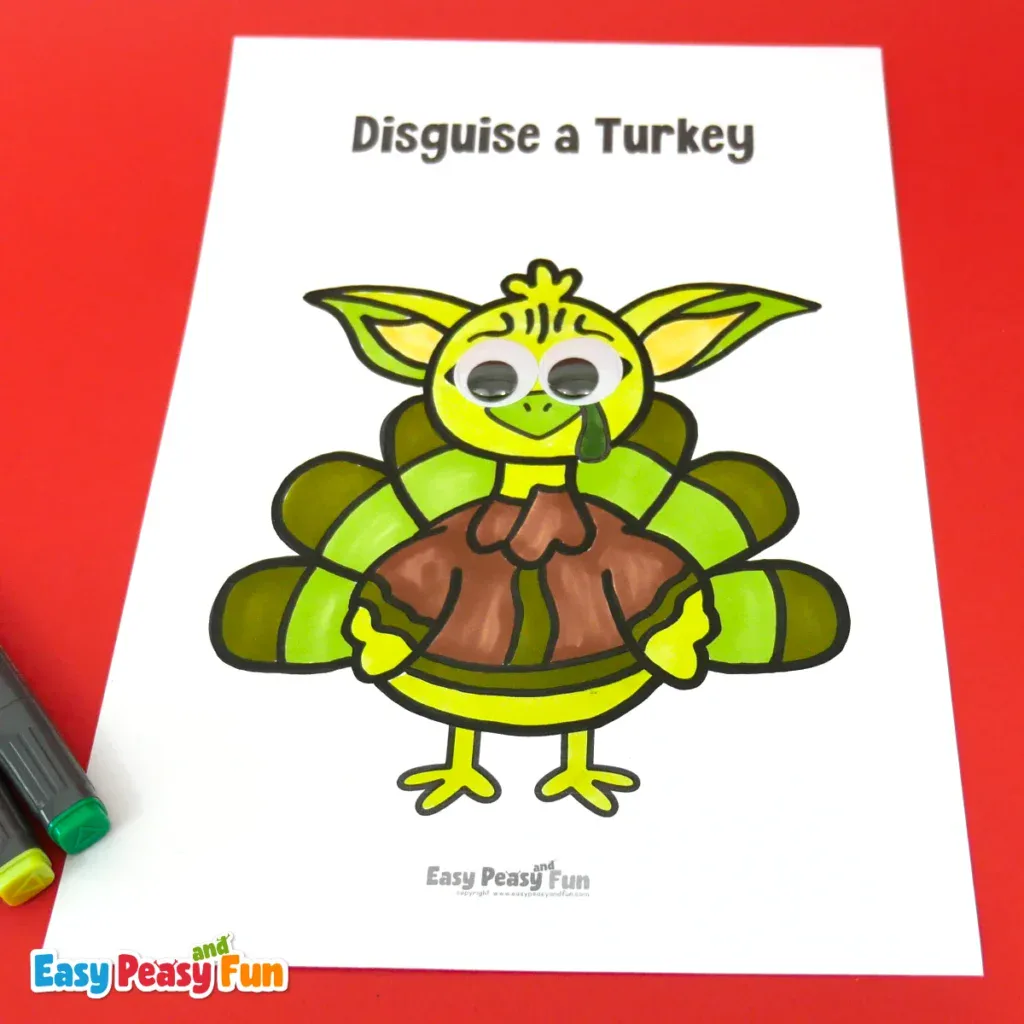 A paper turkey craft template disguised as a green character with large pointed ears, googly eyes, and a brown tunic.