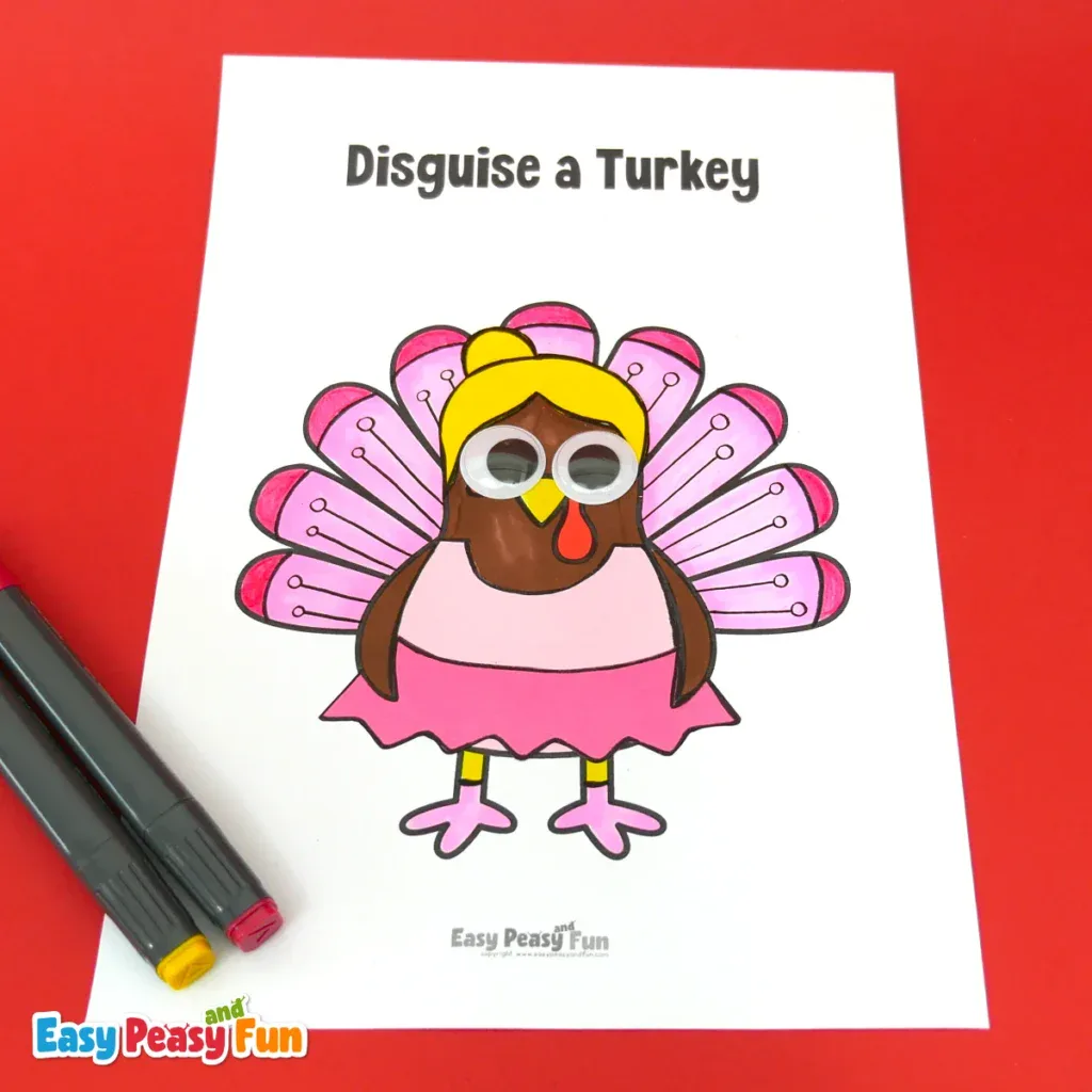 A paper turkey craft template disguised as a ballerina wearing a pink leotard, a pink tutu, and a yellow updo hairstyle.