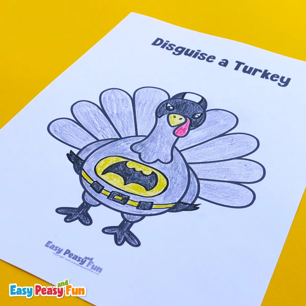 Printable coloring page featuring a turkey in a Batman costume complete with a cowl, cape-style feathers, and a yellow bat symbol belt.