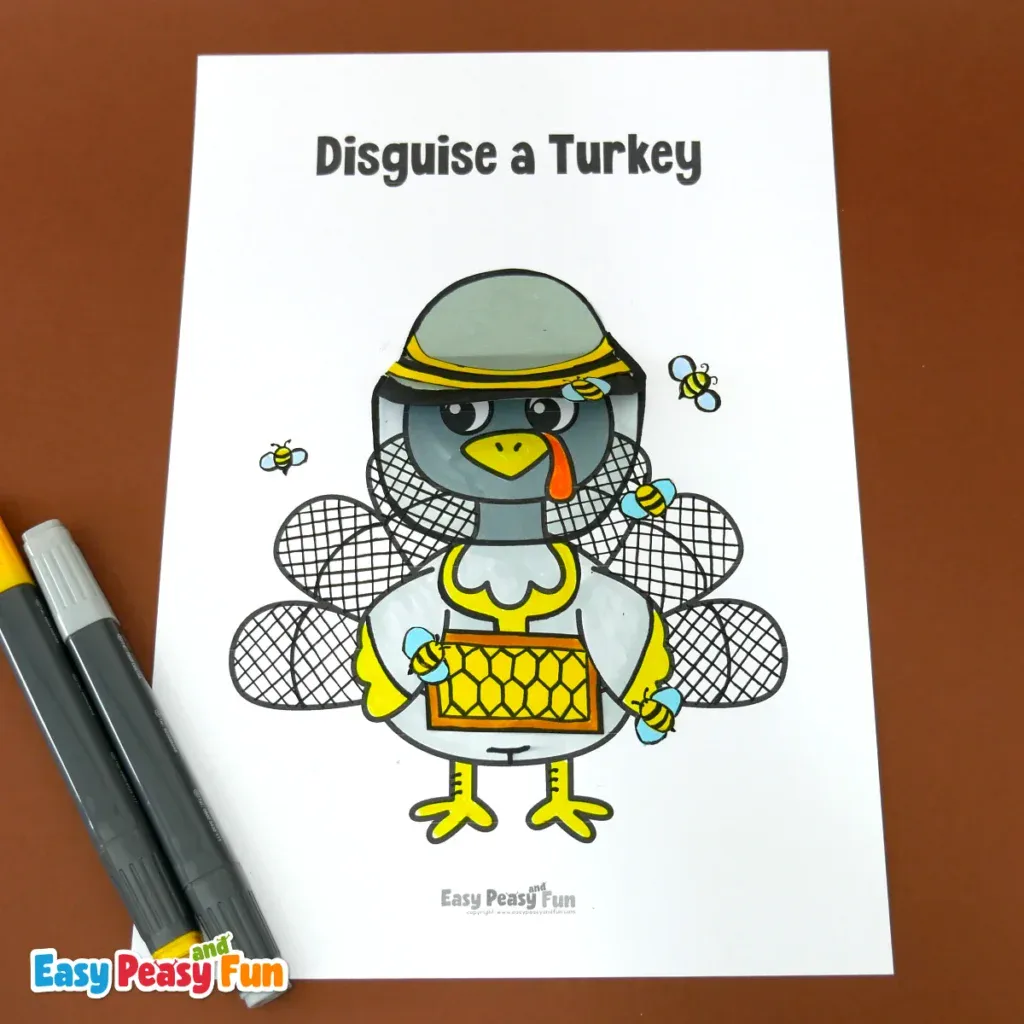 A coloring page showing a turkey disguised as a beekeeper surrounded by buzzing bees.