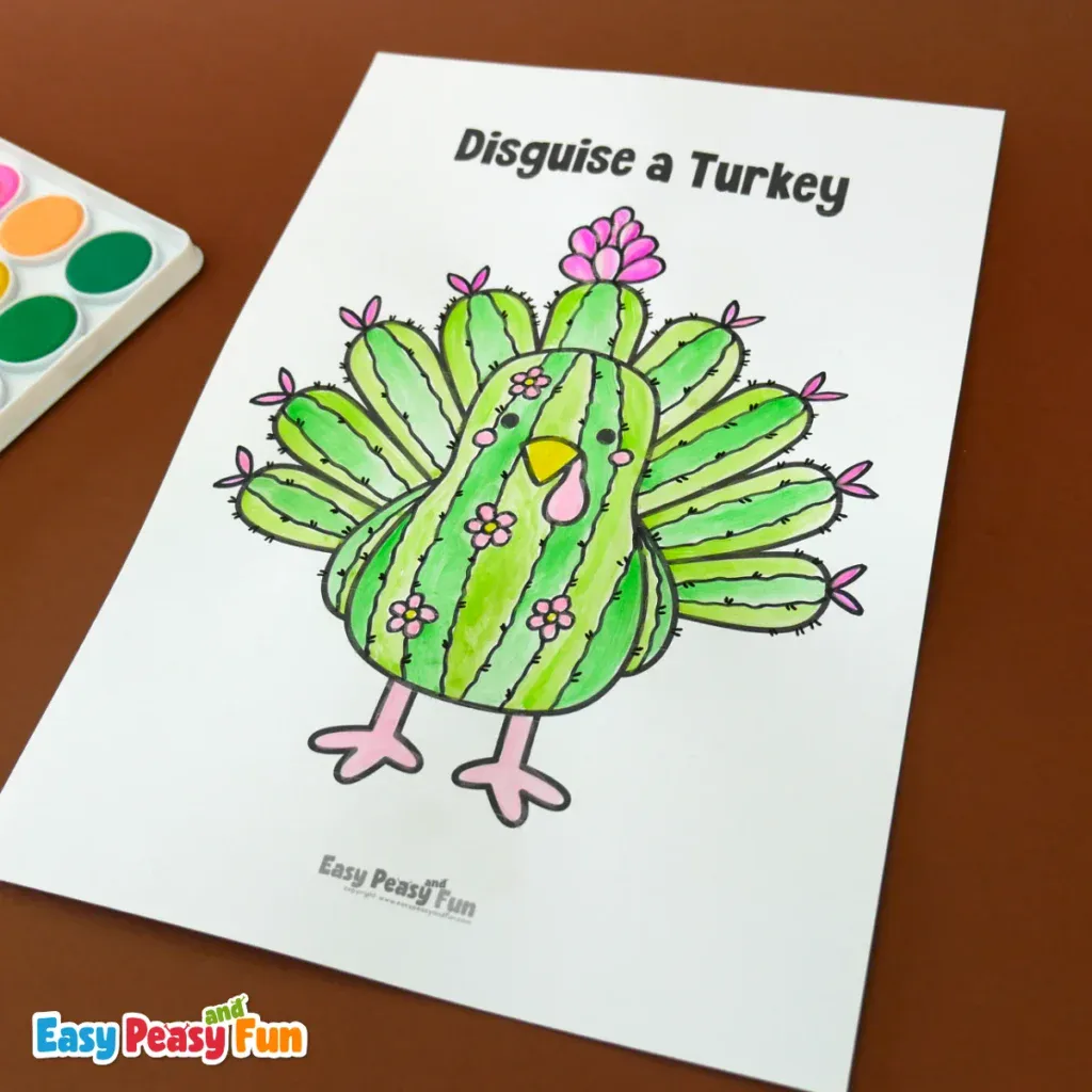 A coloring page featuring a turkey disguised as a green cactus adorned with pink flowers.