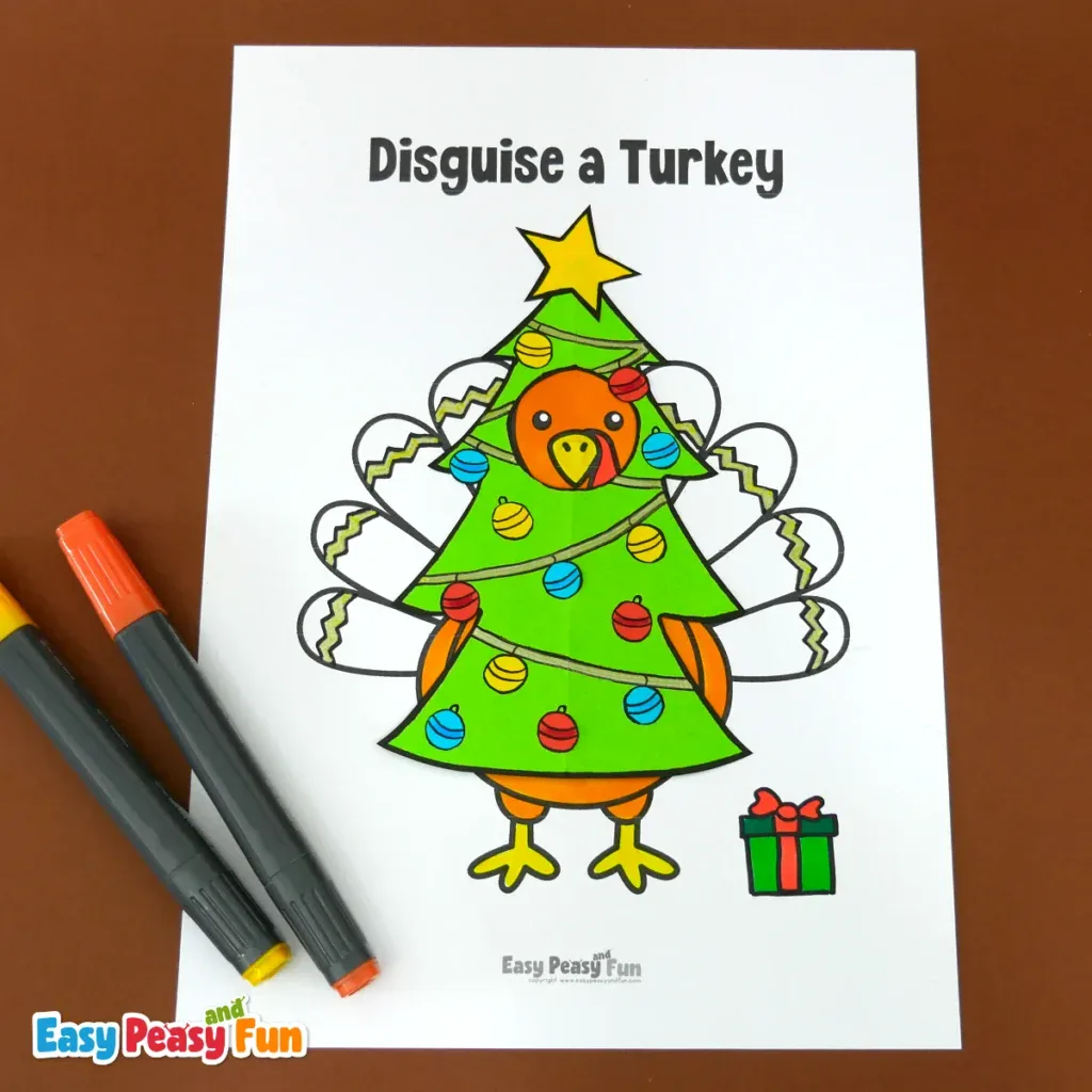 A coloring page featuring a turkey disguised as a decorated Christmas tree with a star on top.