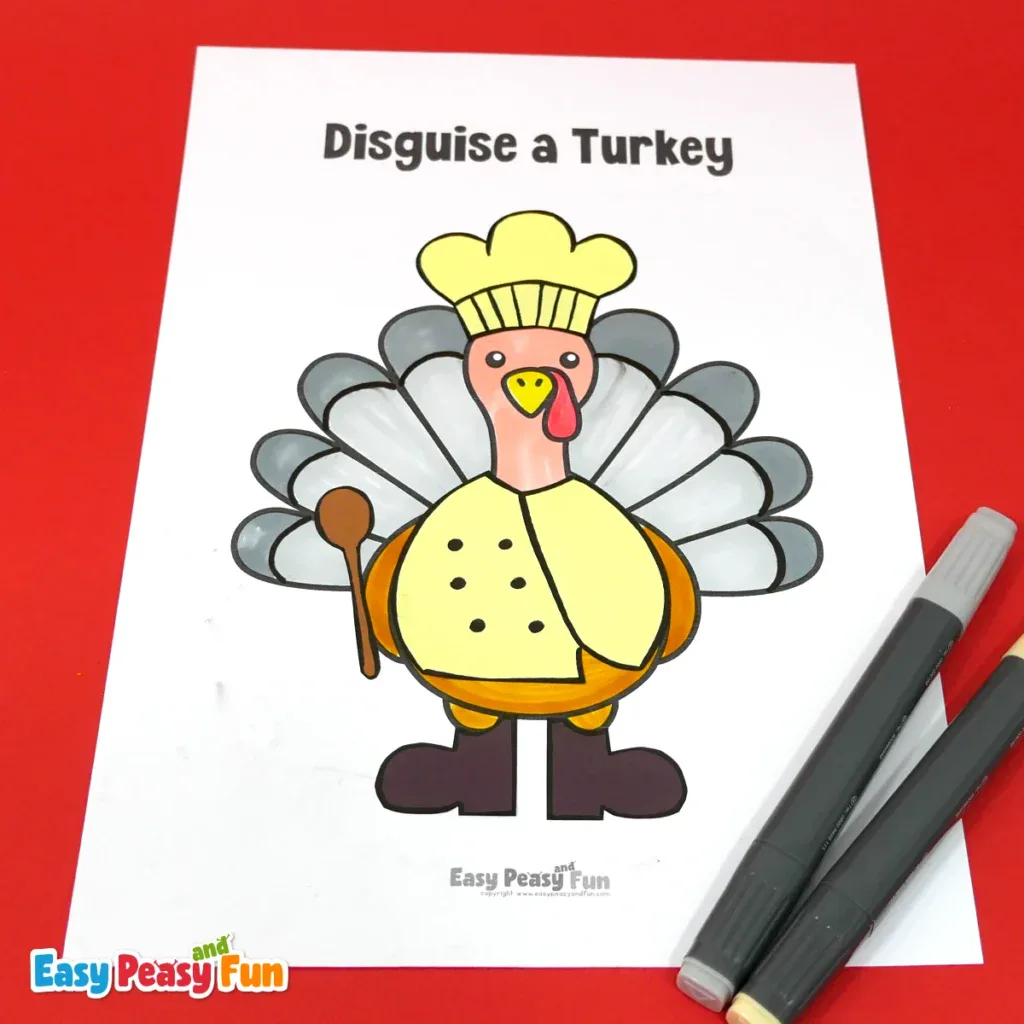 A paper turkey craft template disguised as a chef wearing a tall white hat, a yellow jacket with black buttons, and holding a wooden spoon.