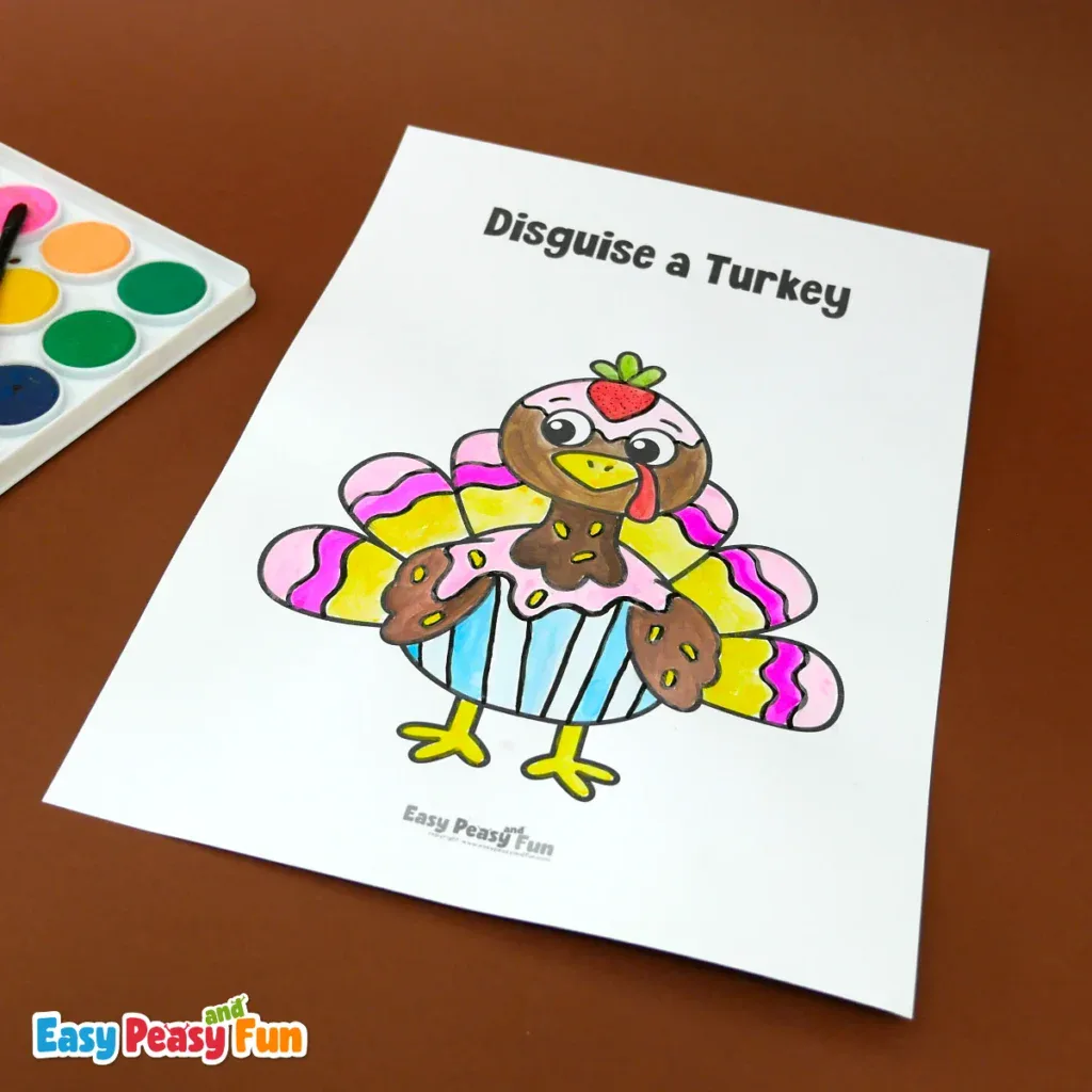 A coloring page of a turkey dressed up as a sweet cupcake with pink frosting and a strawberry on top.