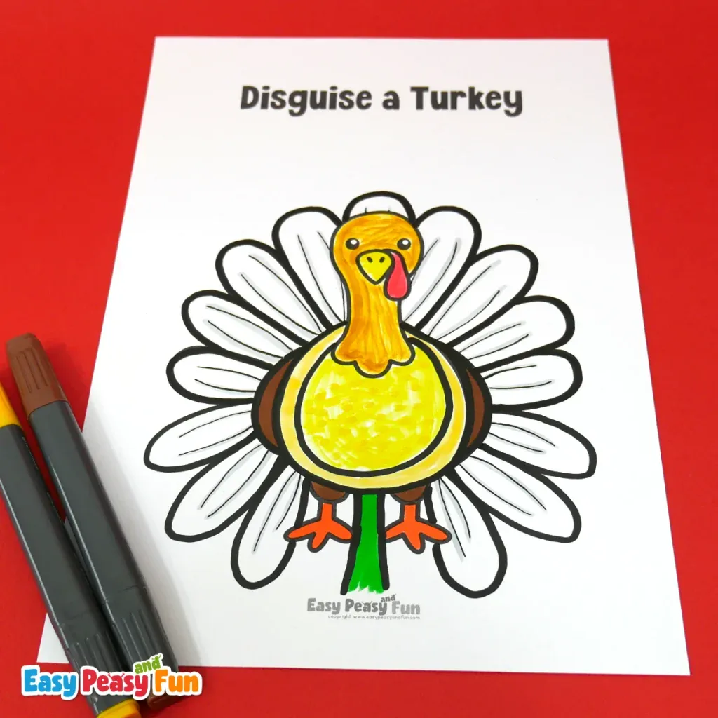 A paper turkey craft template disguised as a white daisy flower with a yellow center and a green stem.