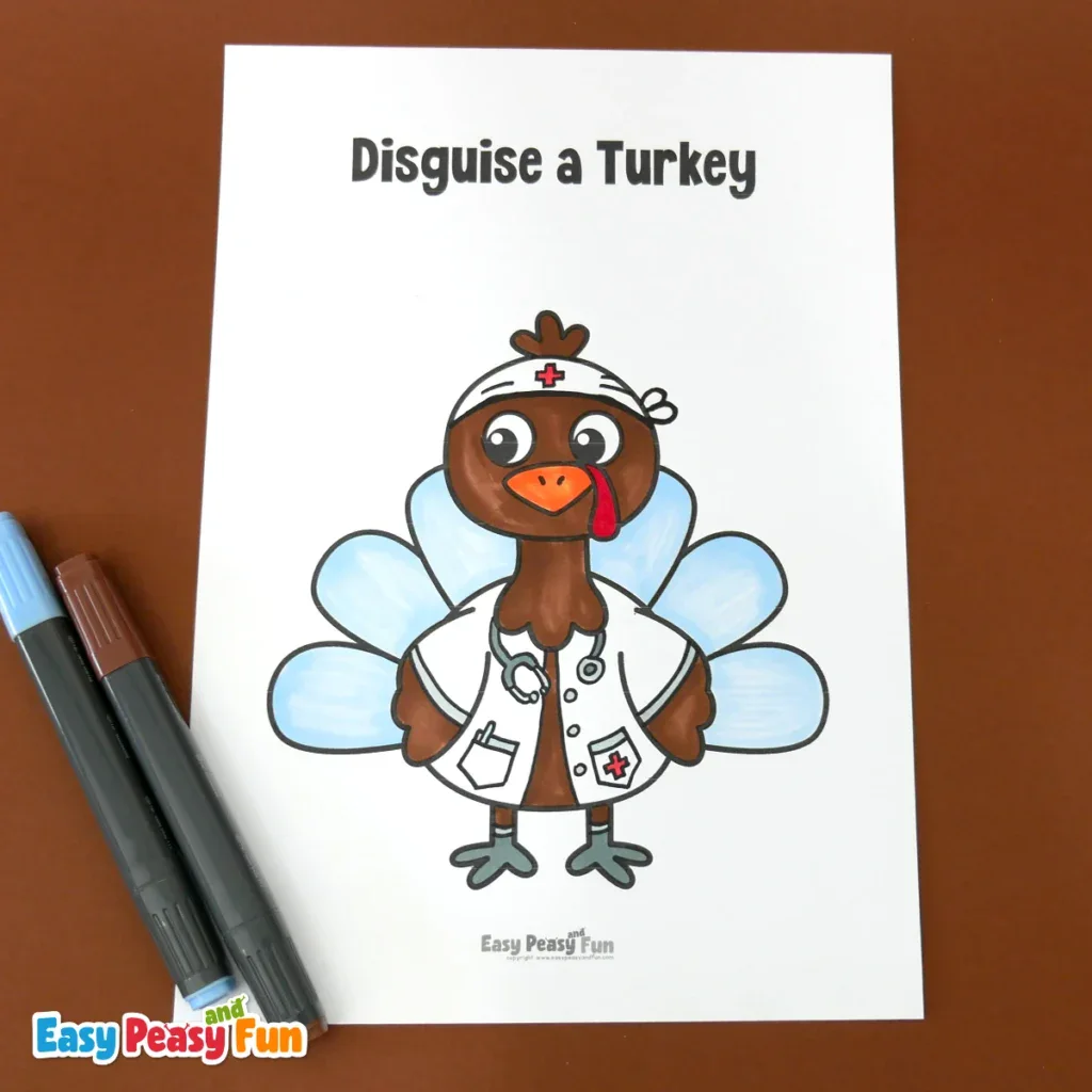 A coloring page of a turkey dressed as a doctor in a white coat with a stethoscope.