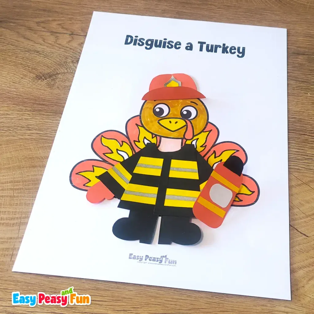 A paper turkey craft template disguised as a firefighter wearing a red helmet, a black jacket with yellow stripes, and holding a fire extinguisher.