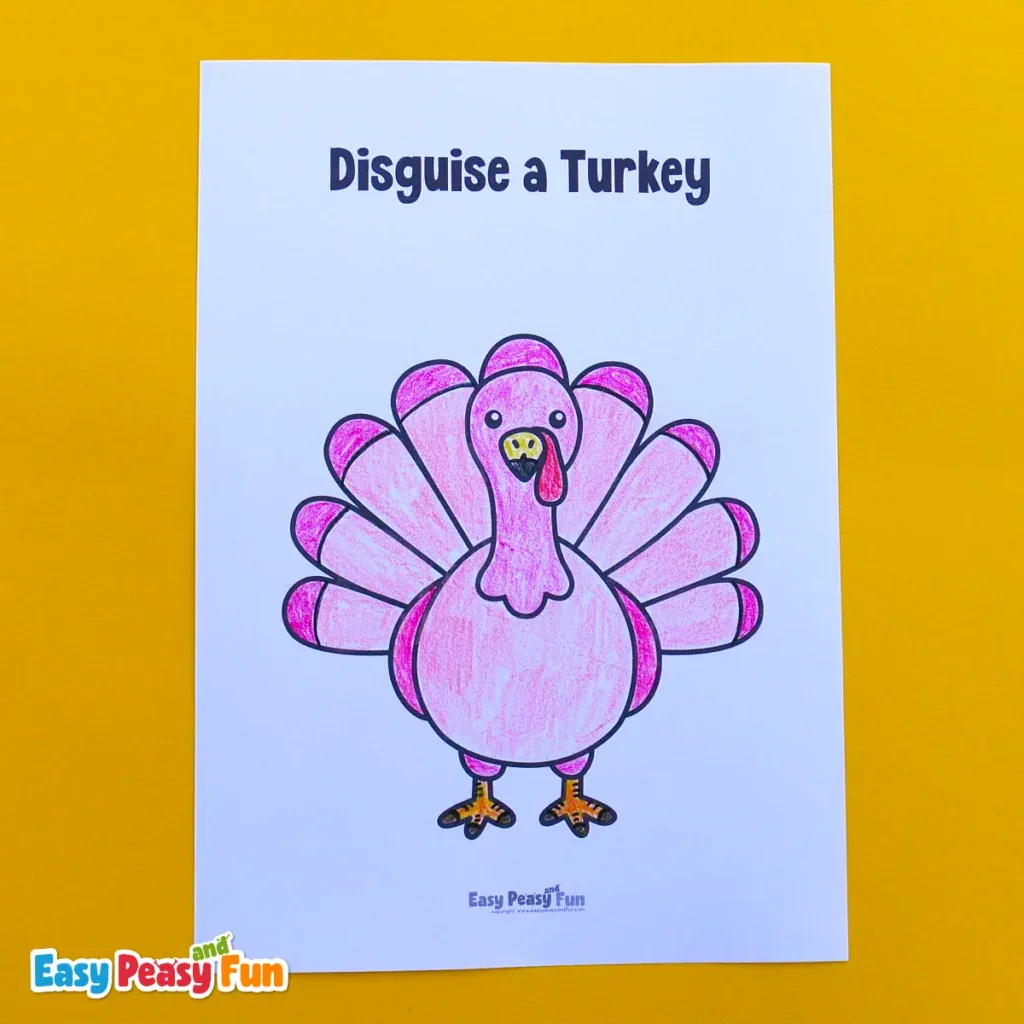 Printable coloring page of a turkey colored in bright shades of pink to resemble a flamingo.