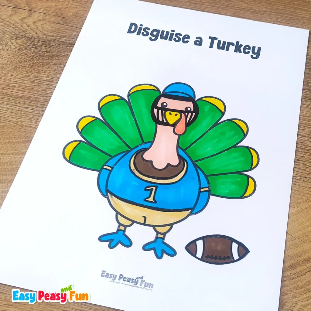 A paper turkey craft template disguised as a football player in a blue uniform with the number 1, a helmet with a face mask, and a football nearby.