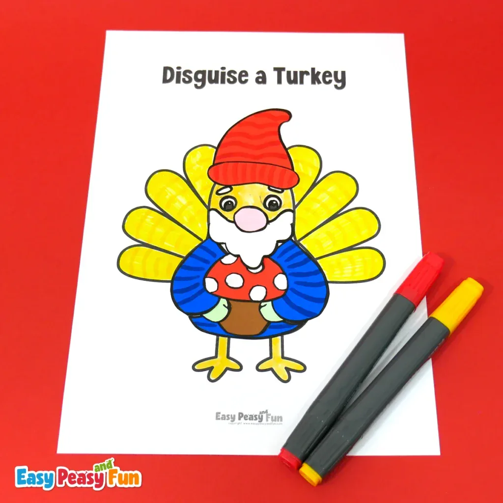 A paper turkey craft template disguised as a garden gnome with a red hat, a white beard, and holding a red-and-white spotted mushroom.