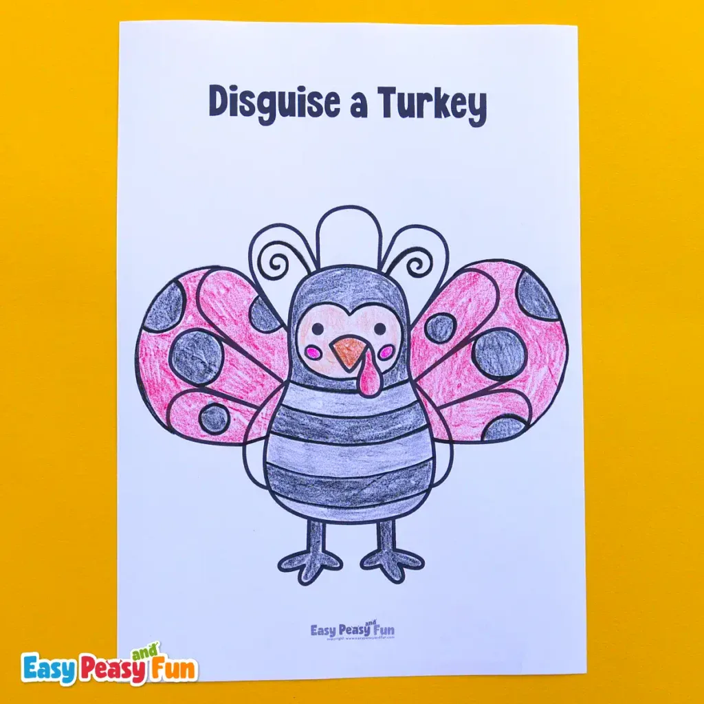 Printable coloring page of a turkey styled as a ladybug with antenna swirls, a black-striped body, and pink spotted wings.