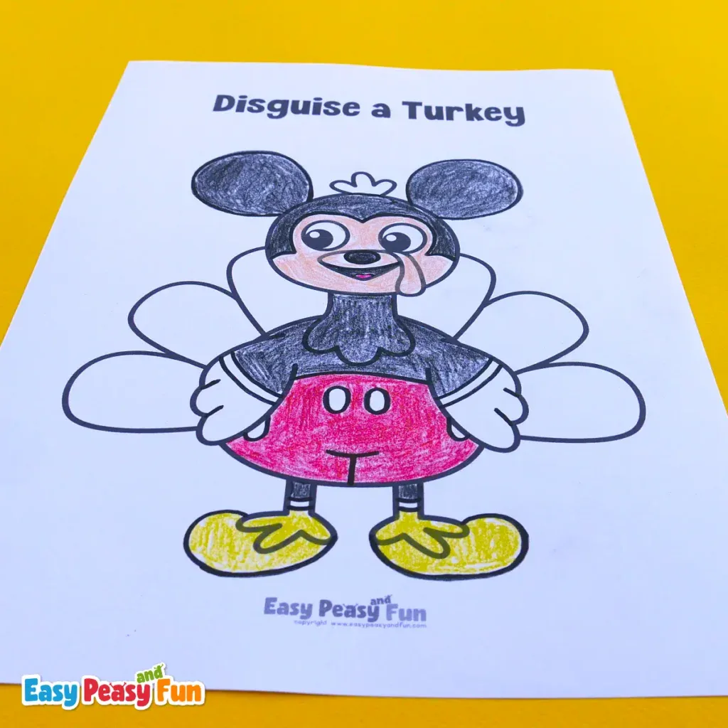 Printable coloring page showing a turkey dressed up as Mickey Mouse with black ears, red shorts, and yellow feet.