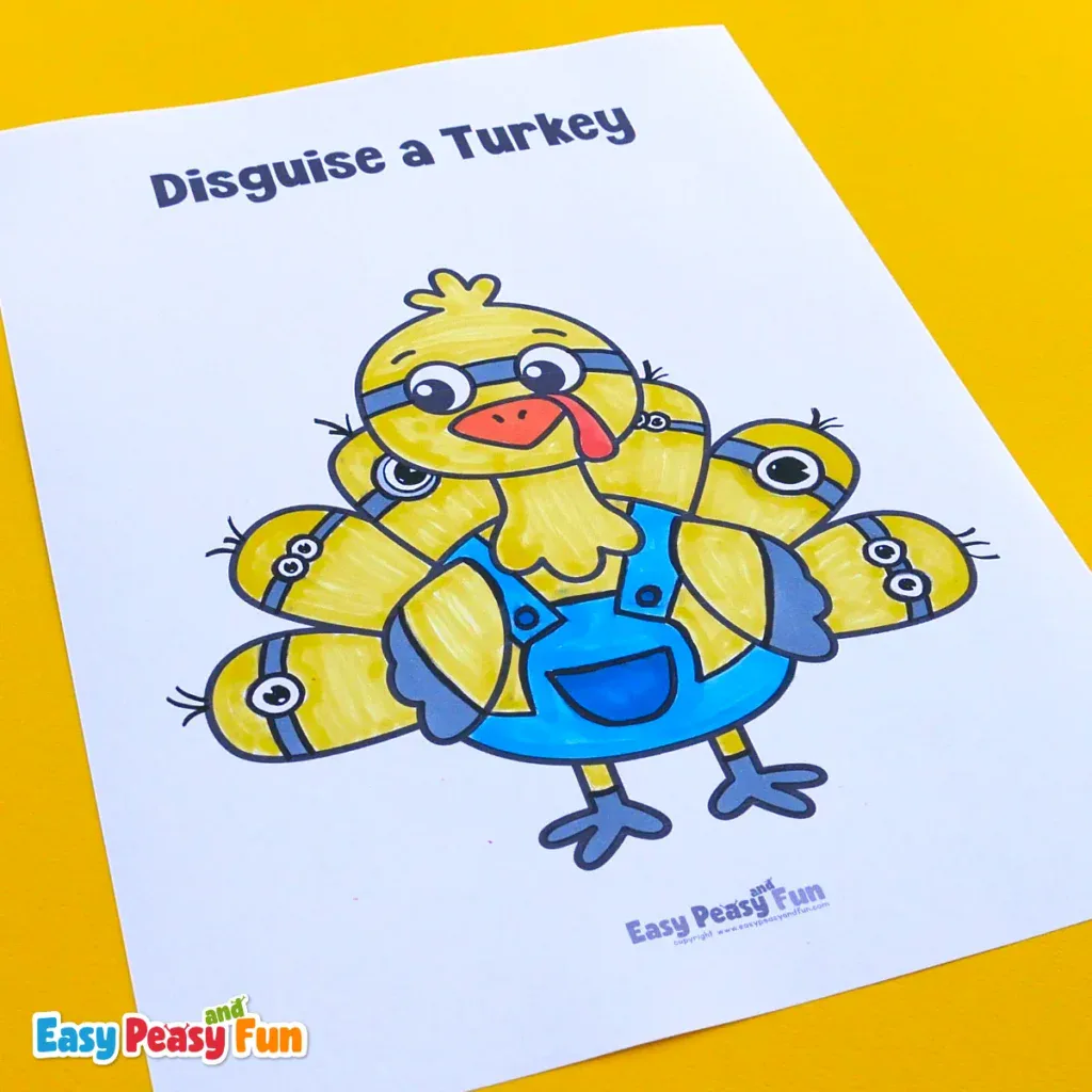 Printable coloring page of a yellow turkey dressed in blue overalls with Minion-like eyes and goggle-style tail feathers.