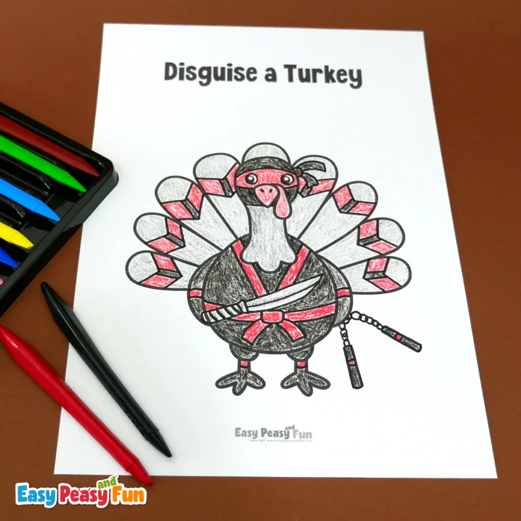 A coloring page featuring a turkey disguised as a ninja, holding a sword and nunchucks.