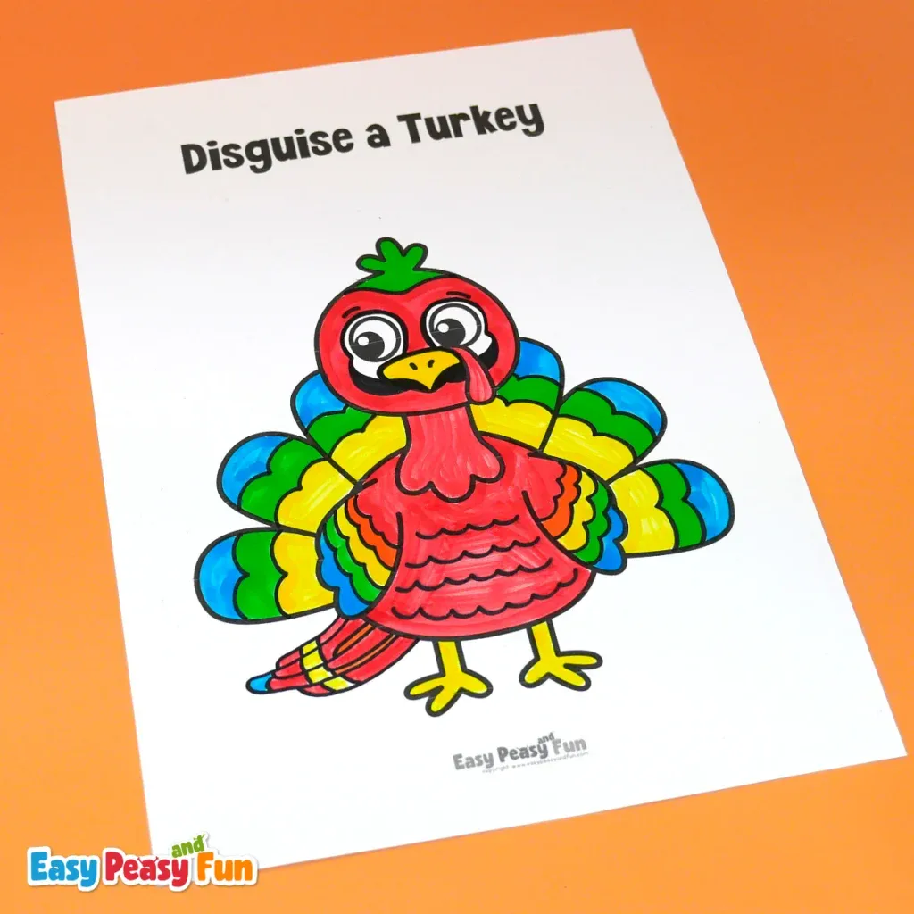 A paper turkey craft colored brightly in red, green, yellow, and blue, styled to look like a red parrot.