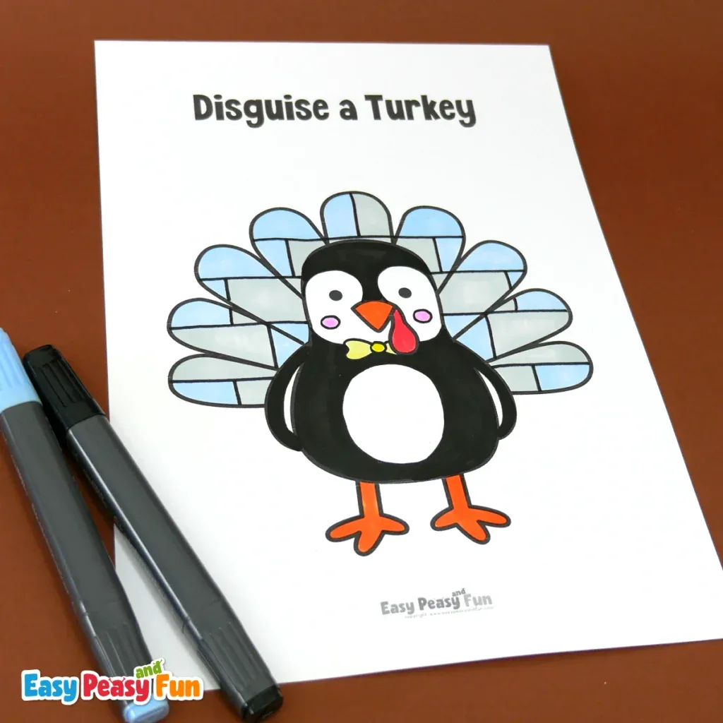 A coloring page of a turkey dressed up as a penguin in black and white.