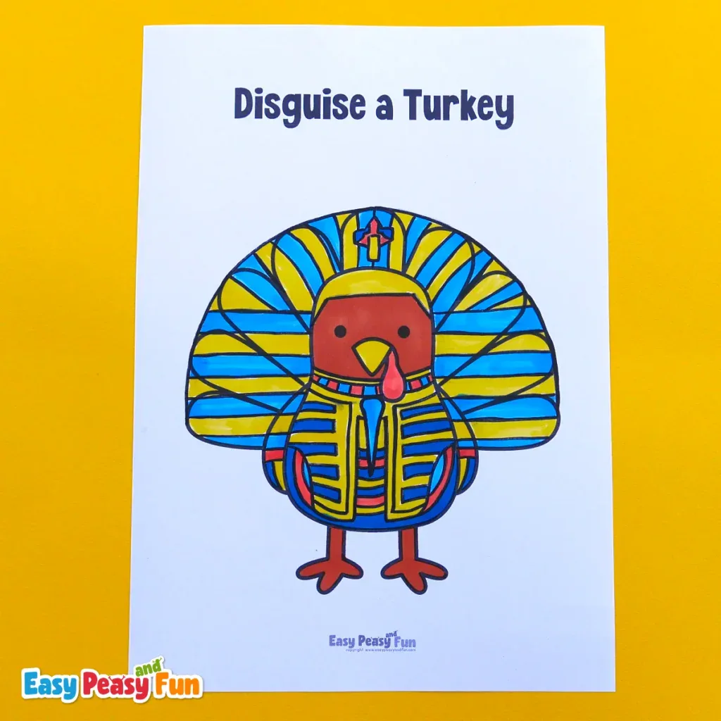 Printable coloring page of a turkey disguised as an Egyptian Pharaoh with a blue and gold striped headcloth and collar.