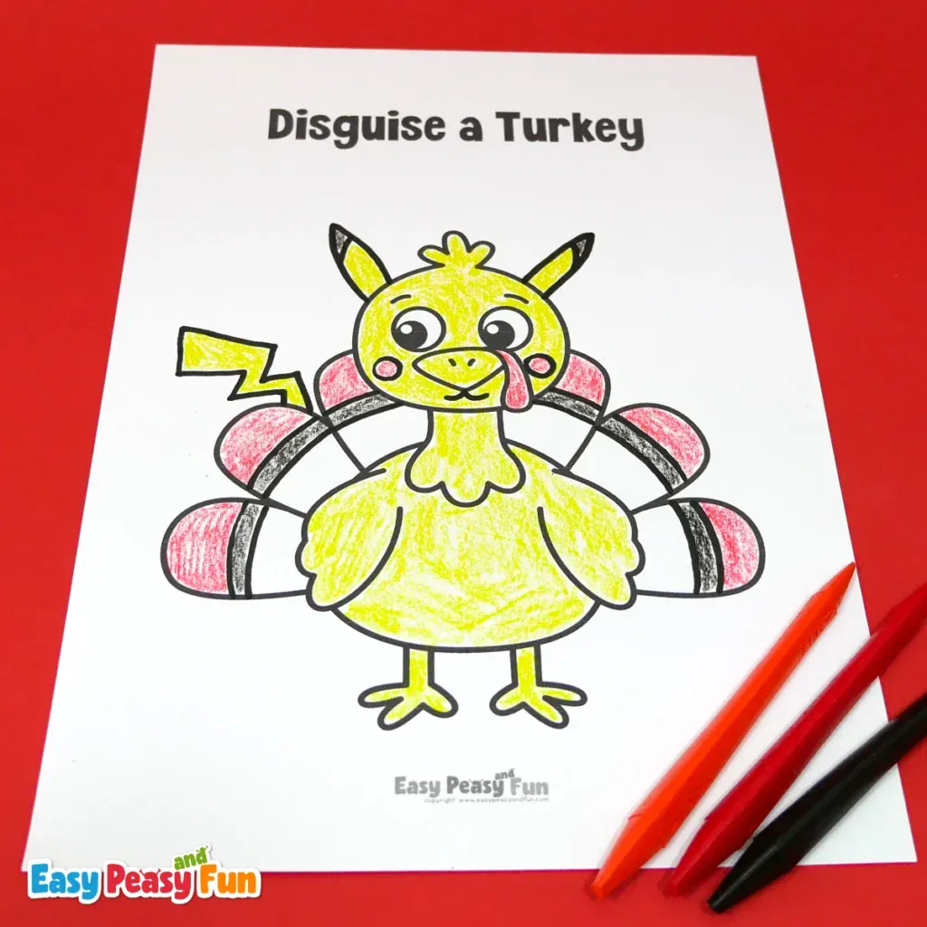 A paper turkey craft template disguised as a yellow Pikachu with pointed ears, pink cheeks, and a lightning bolt shape.