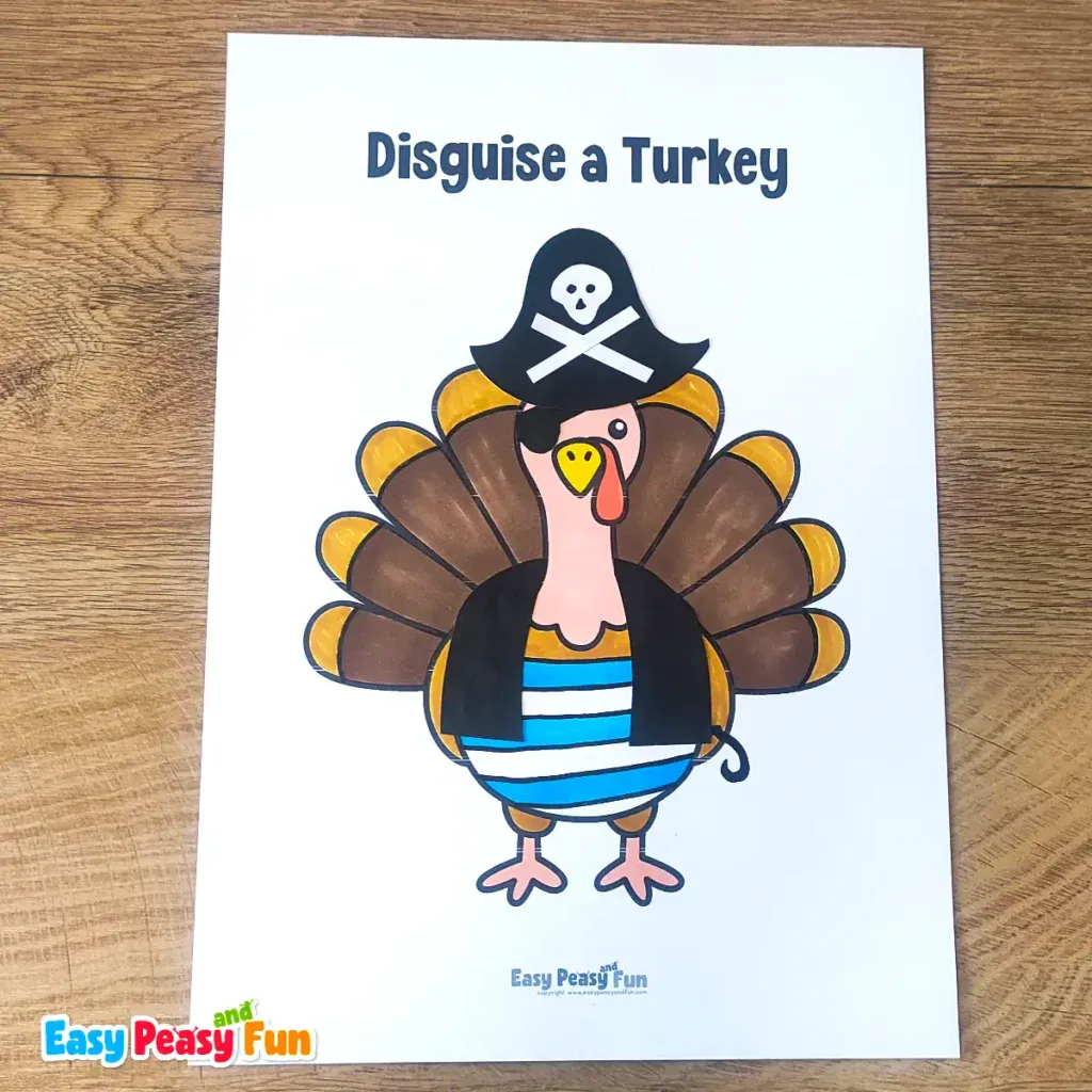 A paper turkey craft template disguised as a pirate with a black eye patch, a striped shirt, and a skull-and-crossbones hat.