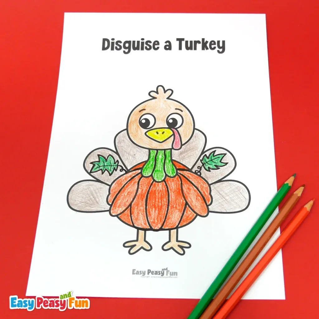 A paper turkey craft template disguised as an orange pumpkin with green leaves and vine details.