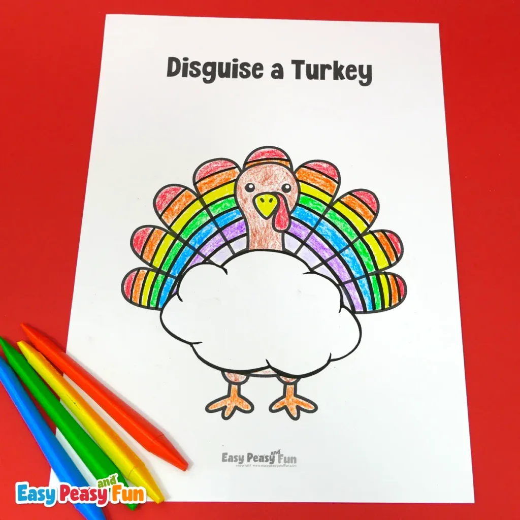 A paper turkey craft template disguised as a colorful rainbow arching over a large white cloud.