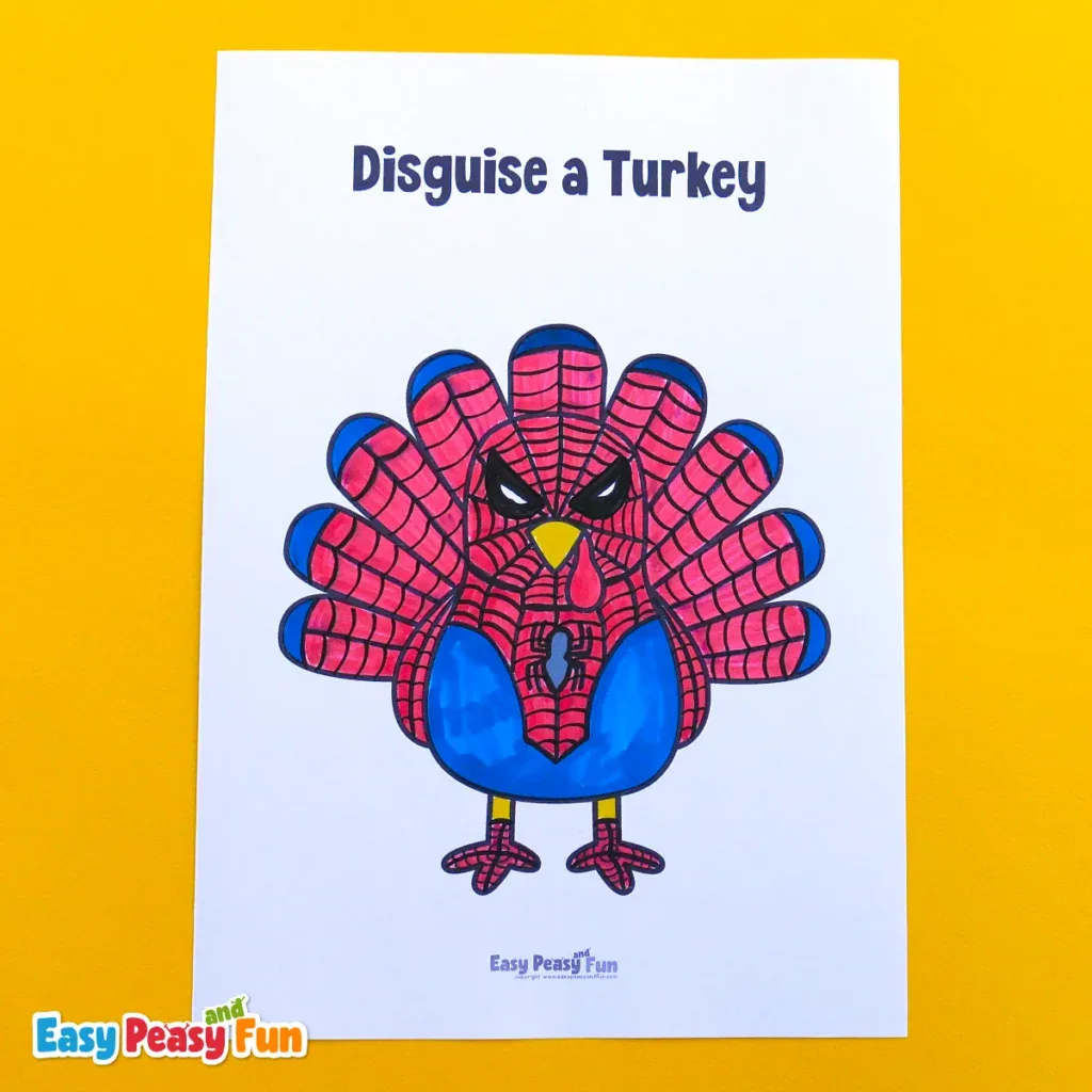Printable coloring page of a turkey dressed in a Spider-Man suit covered in red and blue webbing patterns.