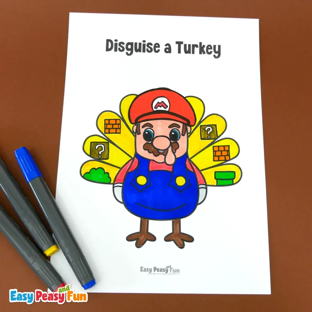 A coloring page showing a turkey disguised as Super Mario with a red hat and blue overalls.