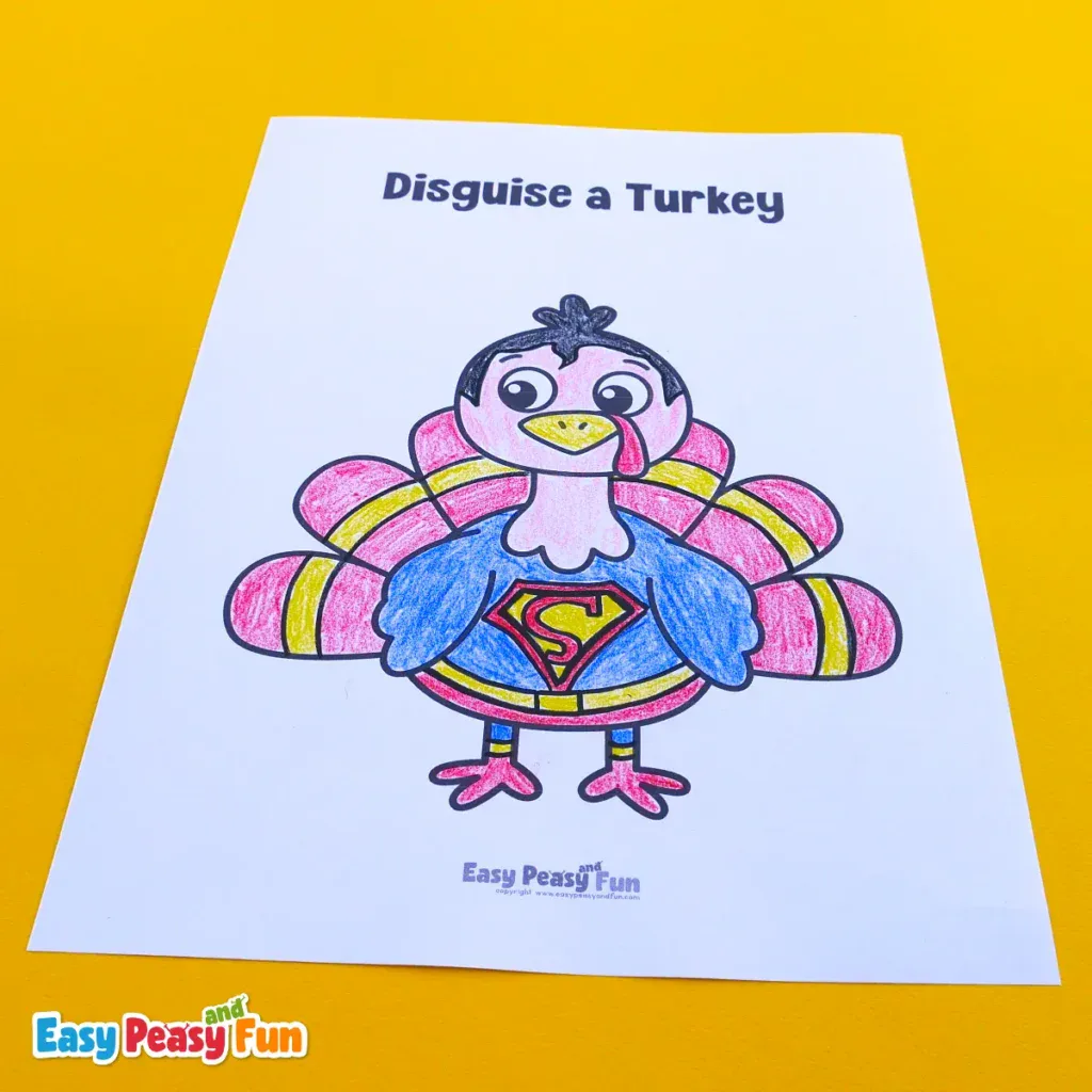 Printable coloring page featuring a turkey in a classic blue Superman costume with the iconic "S" shield on its chest.
