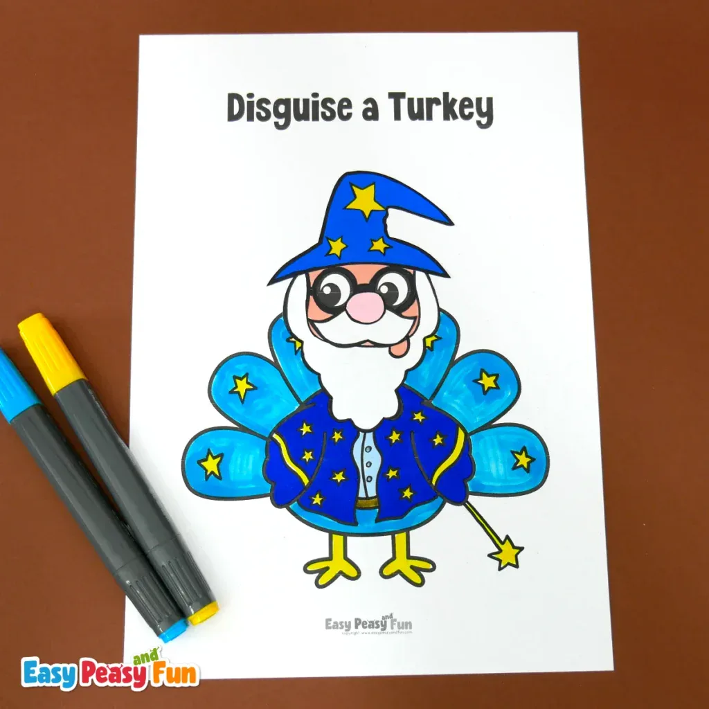 A coloring page of a turkey dressed as a wizard with a blue star-patterned hat, beard, and robe.