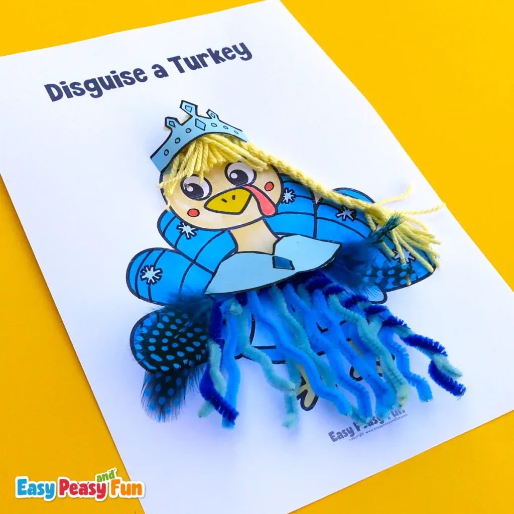Printable craft page of a turkey decorated as Elsa with a paper crown, yellow yarn hair braid, and blue pipe-cleaner skirt.