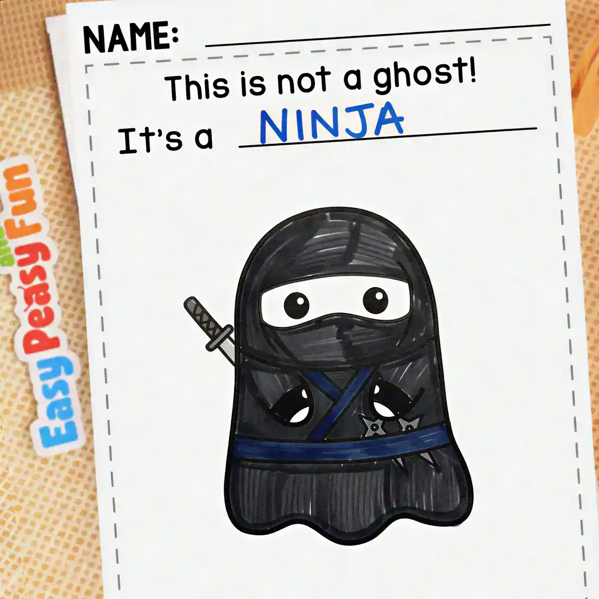 Black ghost craft with a blue belt, a sword, and throwing stars made to look like a ninja.